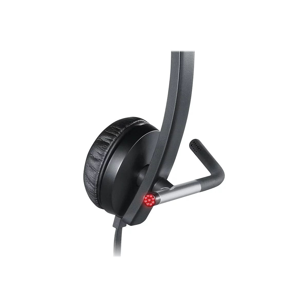 Schwarzes Headset mit Ohrmuschel, Mikrofon und roter LED-Anzeige. Der Hintergrund ist weiß.