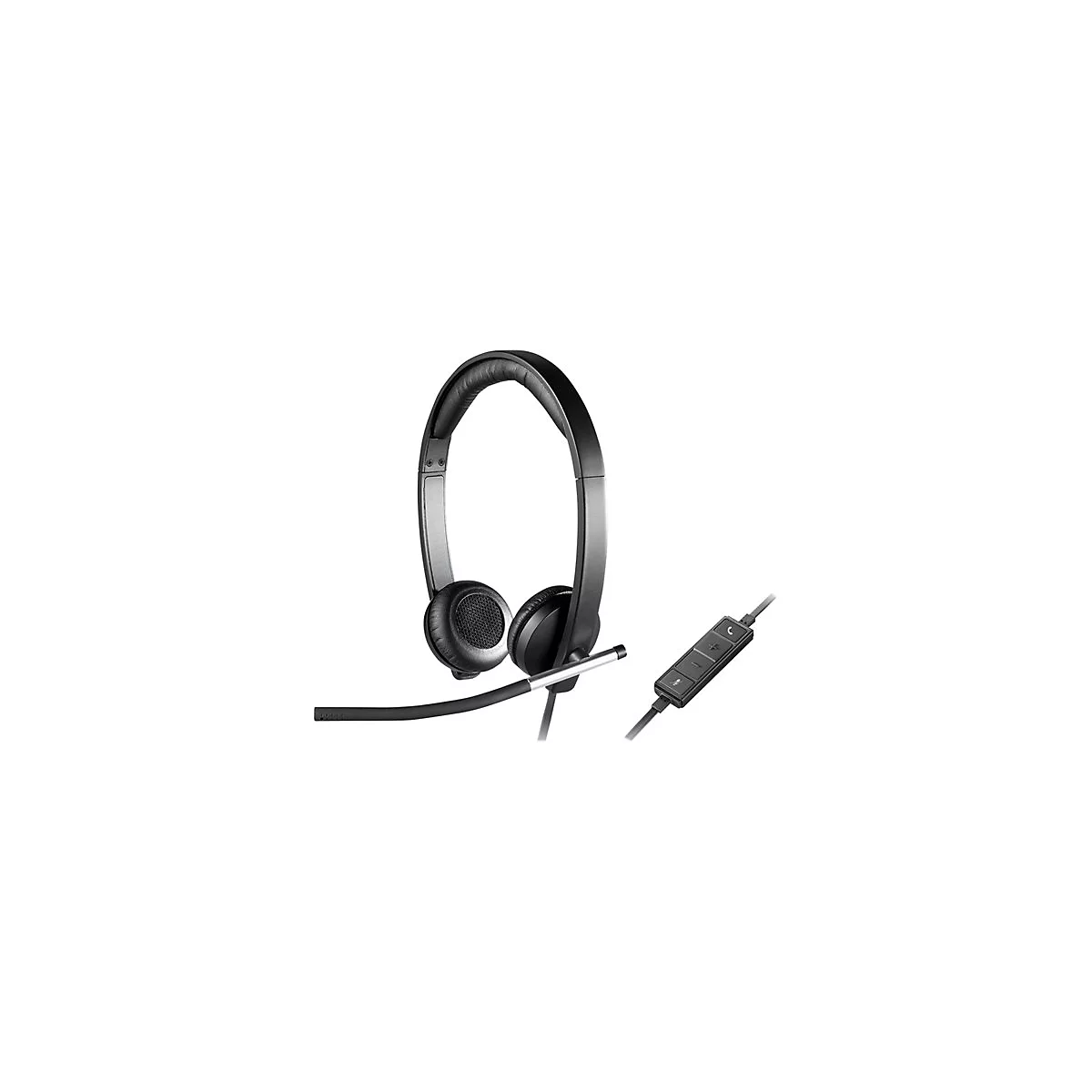 Schwarzes Headset mit Mikrofon. Auf dem Kabel befindet sich eine Bedieneinheit.