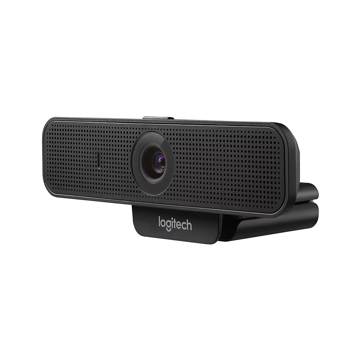 Schwarze Webcam, Blick in die Linse. Auf der Halterung steht logitech.