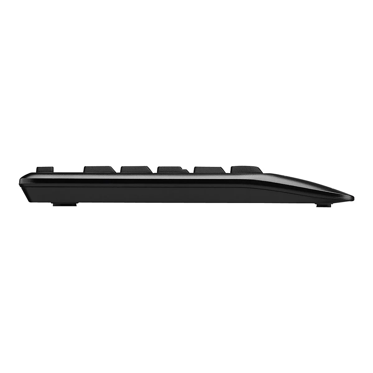 Schwarze Tastatur von der Seite. Oben sind einige Tasten zu sehen.