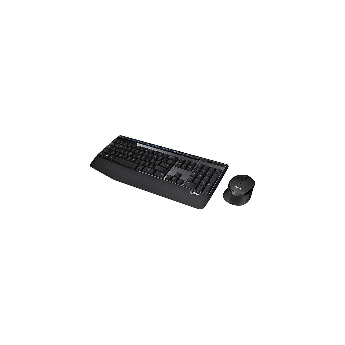 Schwarzes Logitech-Tastatur- und Maus-Set vor weißem Hintergrund.