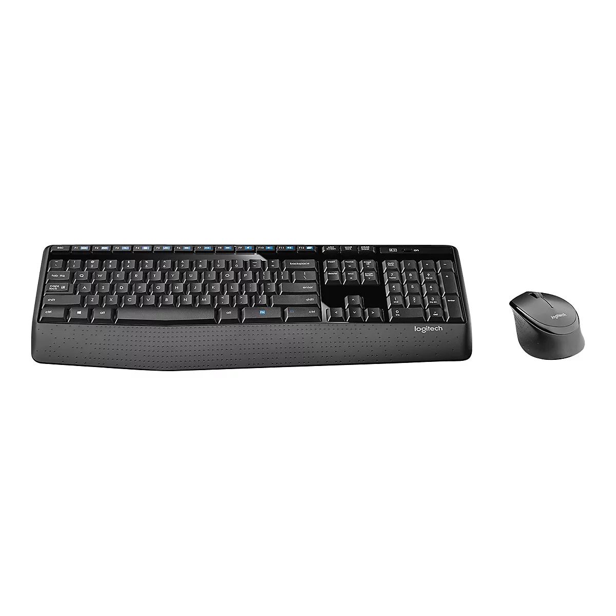 Schwarze Logitech-Tastatur mit Maus auf weißem Hintergrund. Die Tastatur hat ein eingebautes Handgelenkpolster.