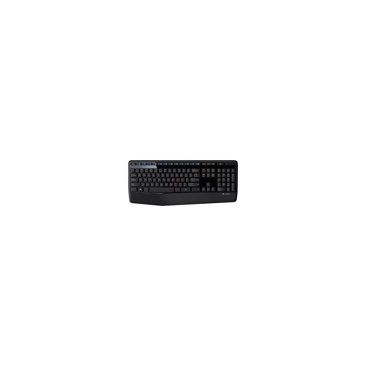 Schwarze Logitech Tastatur mit integrierter Handballenauflage vor weißem Hintergrund.