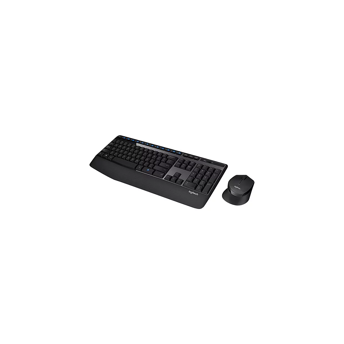 Schwarzes Logitech-Tastatur- und Maus-Set, Blickwinkel von oben. Tastatur mit Handauflage, Maus daneben.