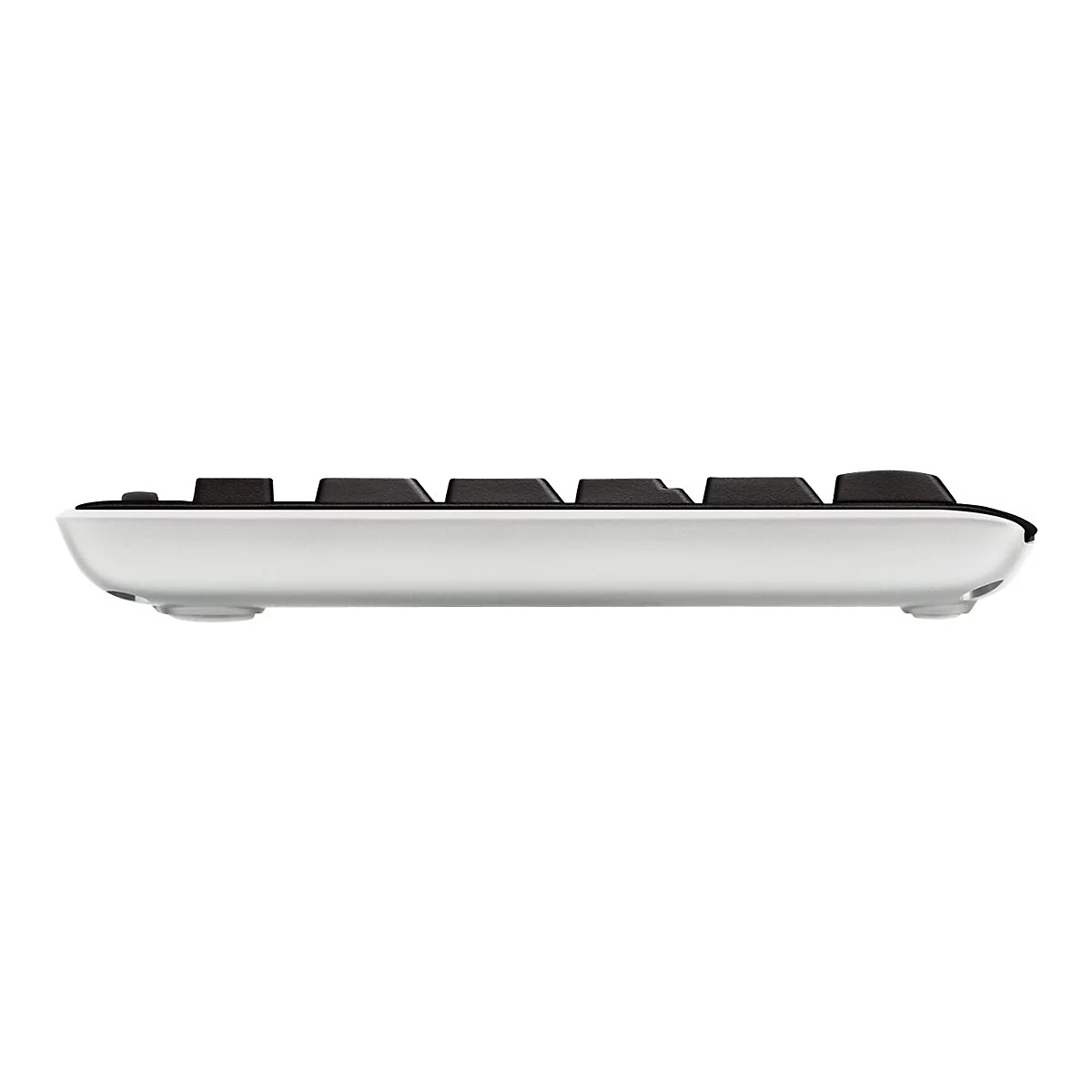 Seitenansicht einer flachen, silbernen Tastatur mit schwarzen Tasten vor weißem Hintergrund.