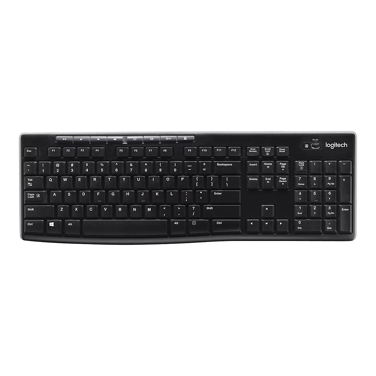 Schwarze Logitech-Tastatur, Draufsicht. Buchstaben, Zahlen und Sonderzeichen auf den Tasten. Logos, Beschriftungen.