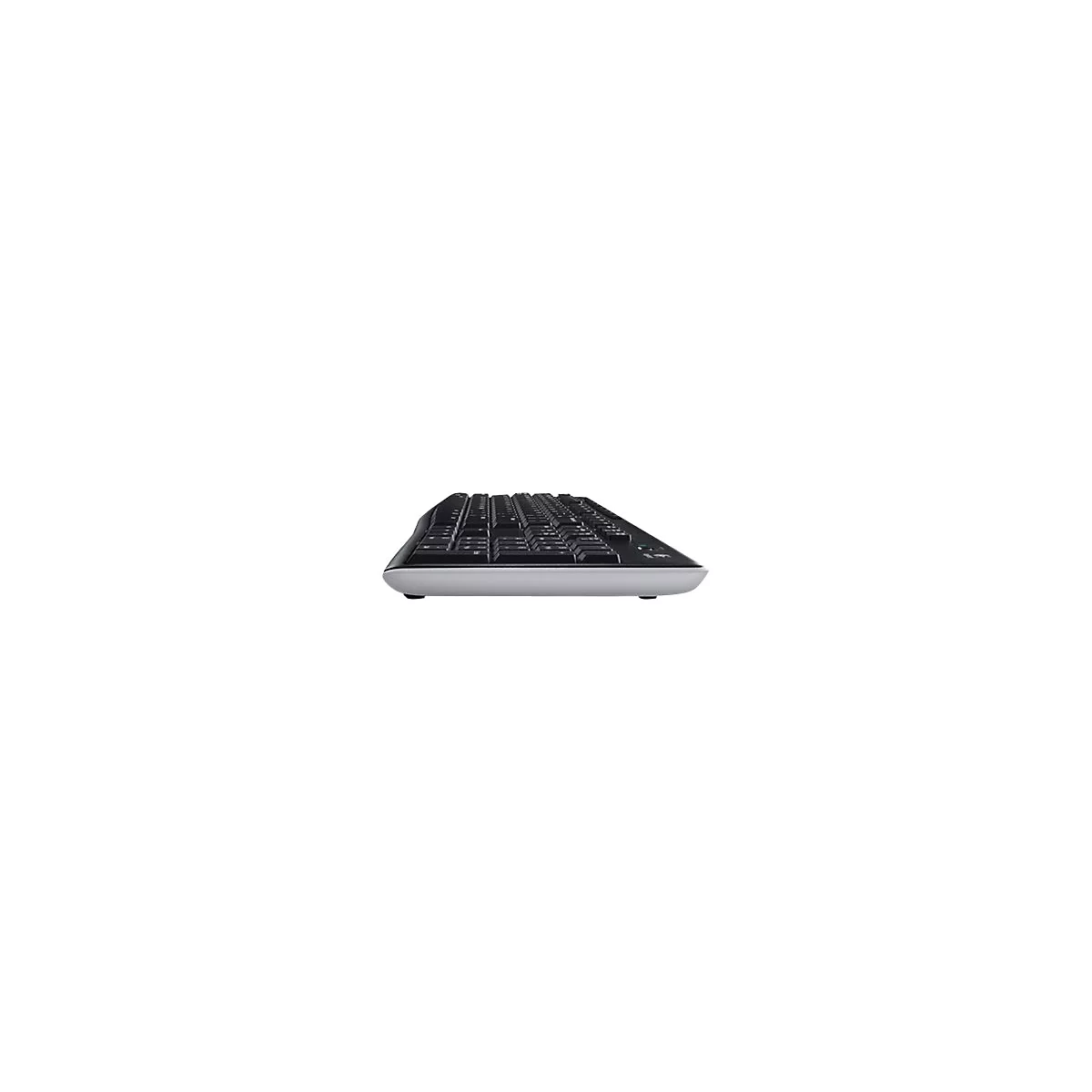 Seitliche Ansicht einer schwarzen Tastatur mit silbernem Gehäuseboden auf weißem Hintergrund.