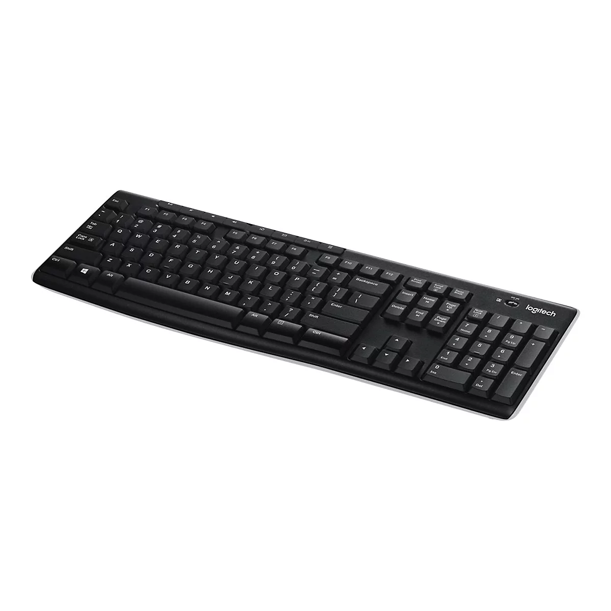Schwarze Logitech Computertastatur in der Draufsicht auf weißem Hintergrund.