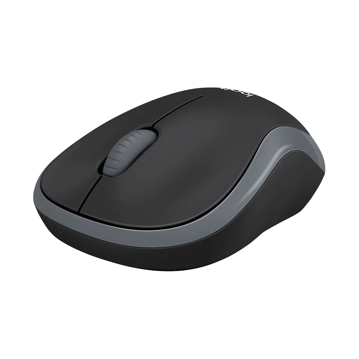 Wireless mouse, black with gray edging and scroll wheel.