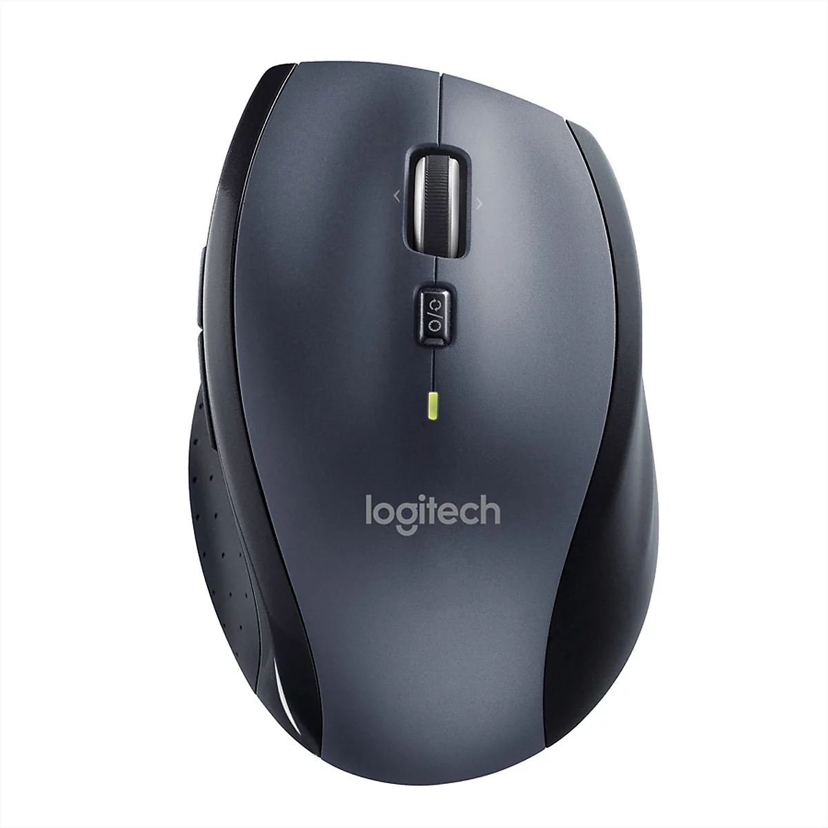 Dunkelgraue Logitech Computermaus in Draufsicht auf weißem Hintergrund.
