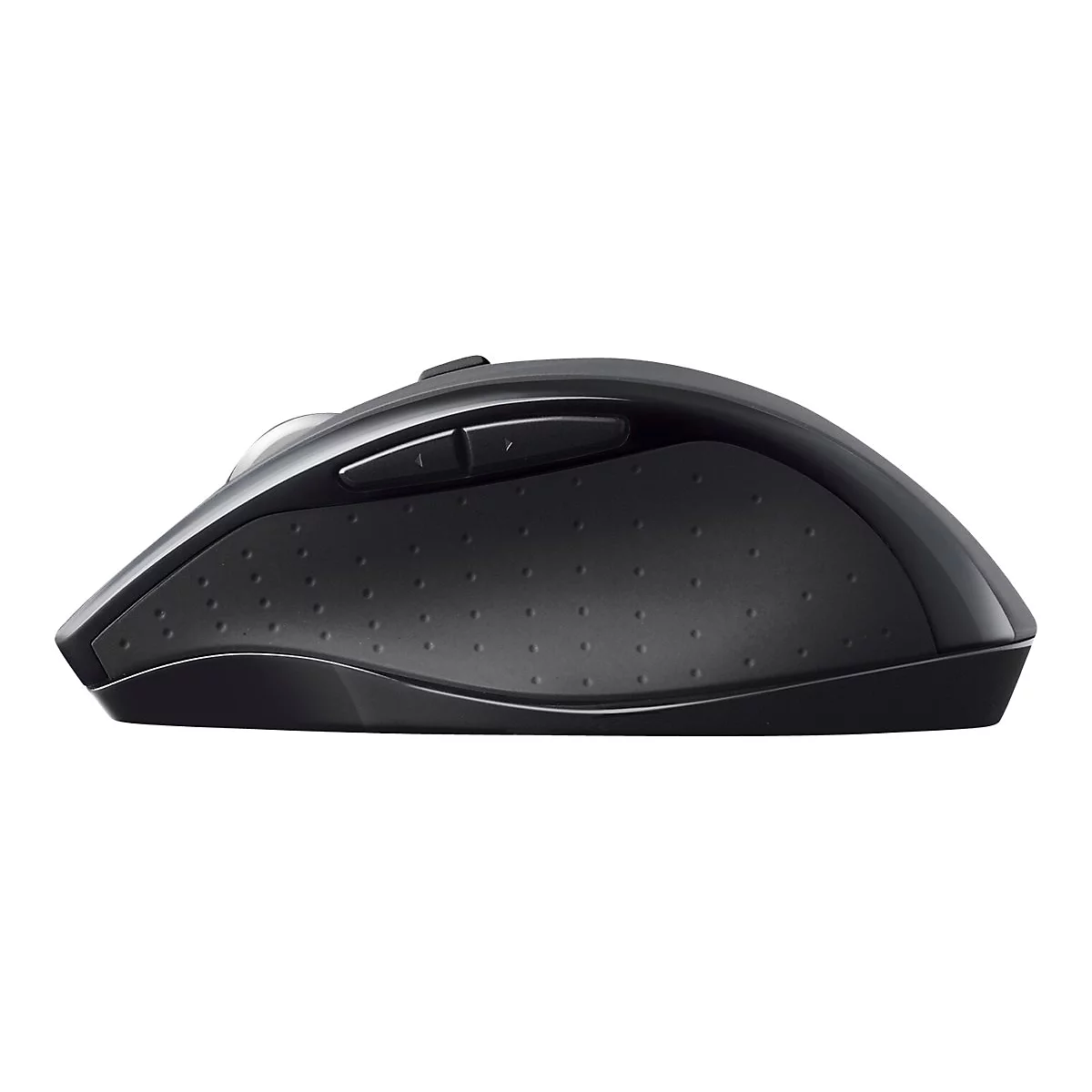 Schwarze Computermaus, Seitenansicht. Zwei Tasten, gepunktete Oberfläche, Rollrad.