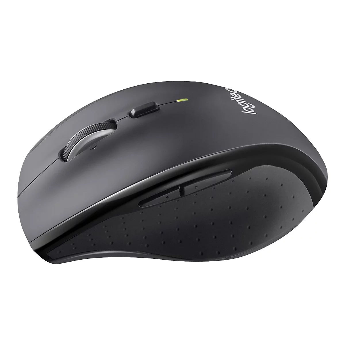 Drahtlose Computermaus in Dunkelgrau. Mit Scrollrad, zwei Seitentasten und Logitech-Logo. Auf weißem Hintergrund isoliert.
