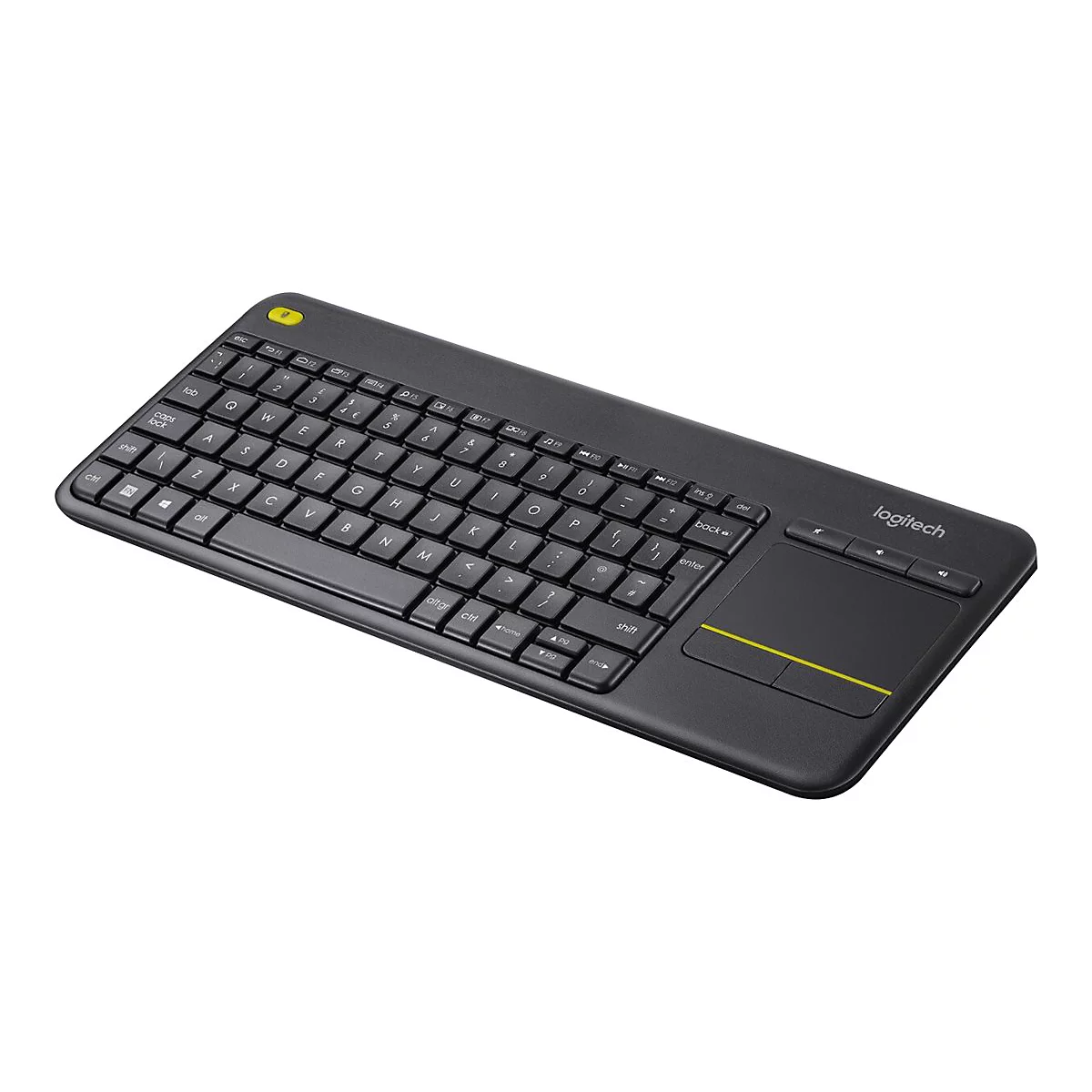 Schwarze kabellose Logitech-Tastatur mit integriertem Touchpad und gelben Akzenten vor weißem Hintergrund.