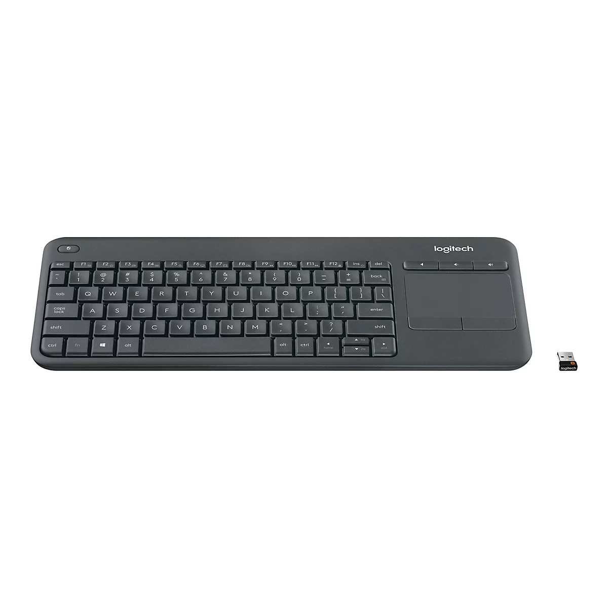 Schwarze kabellose Logitech-Tastatur mit integriertem Touchpad und einem USB-Empfänger auf weißem Hintergrund.