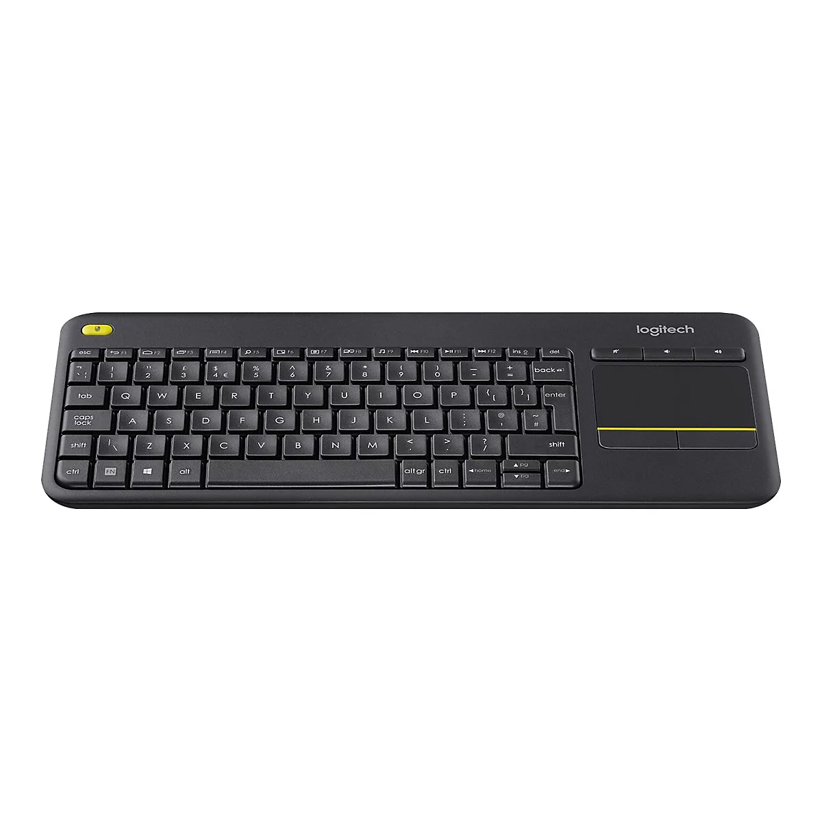 Schwarze Logitech Wireless Tastatur mit integriertem Touchpad und gelbem Akzentknopf.