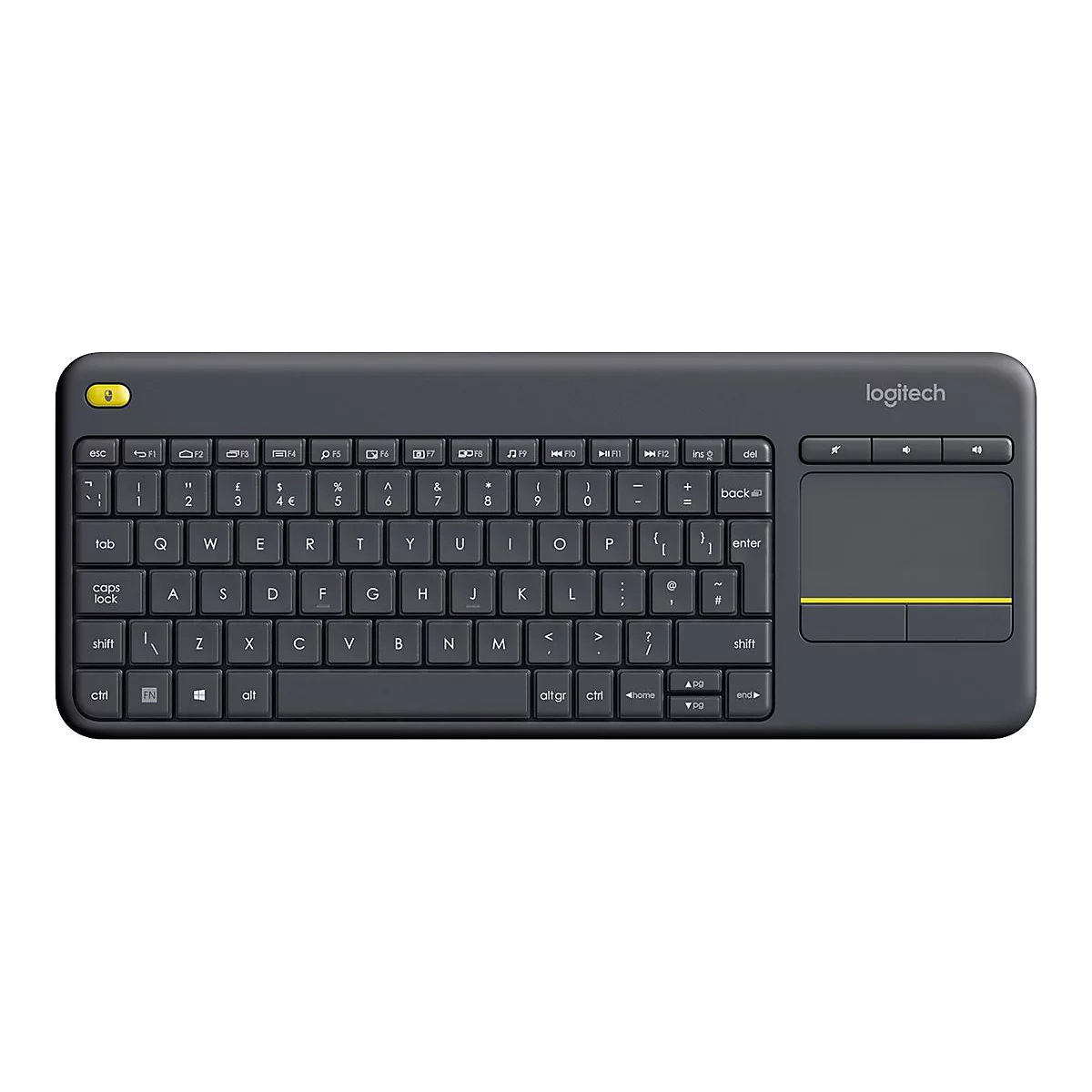 Drahtlose Logitech-Tastatur in Dunkelgrau mit gelben Akzenten und integriertem Touchpad auf weißem Hintergrund.