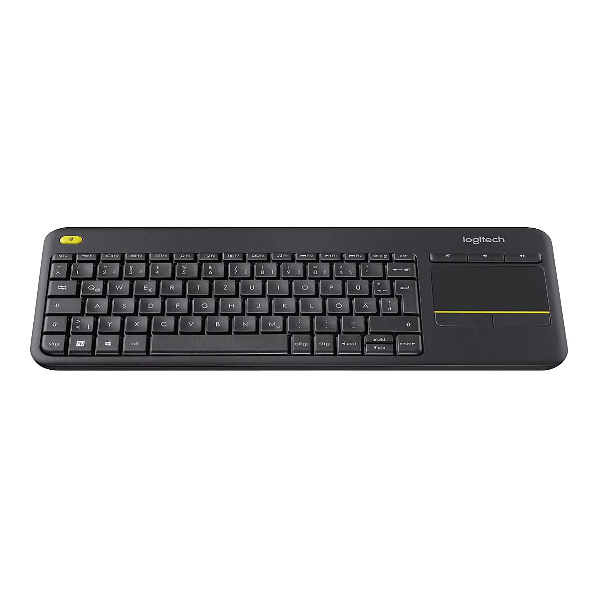 Schwarze Logitech-Tastatur mit gelben Akzenten und Touchpad. Aufschrift: Logitech.