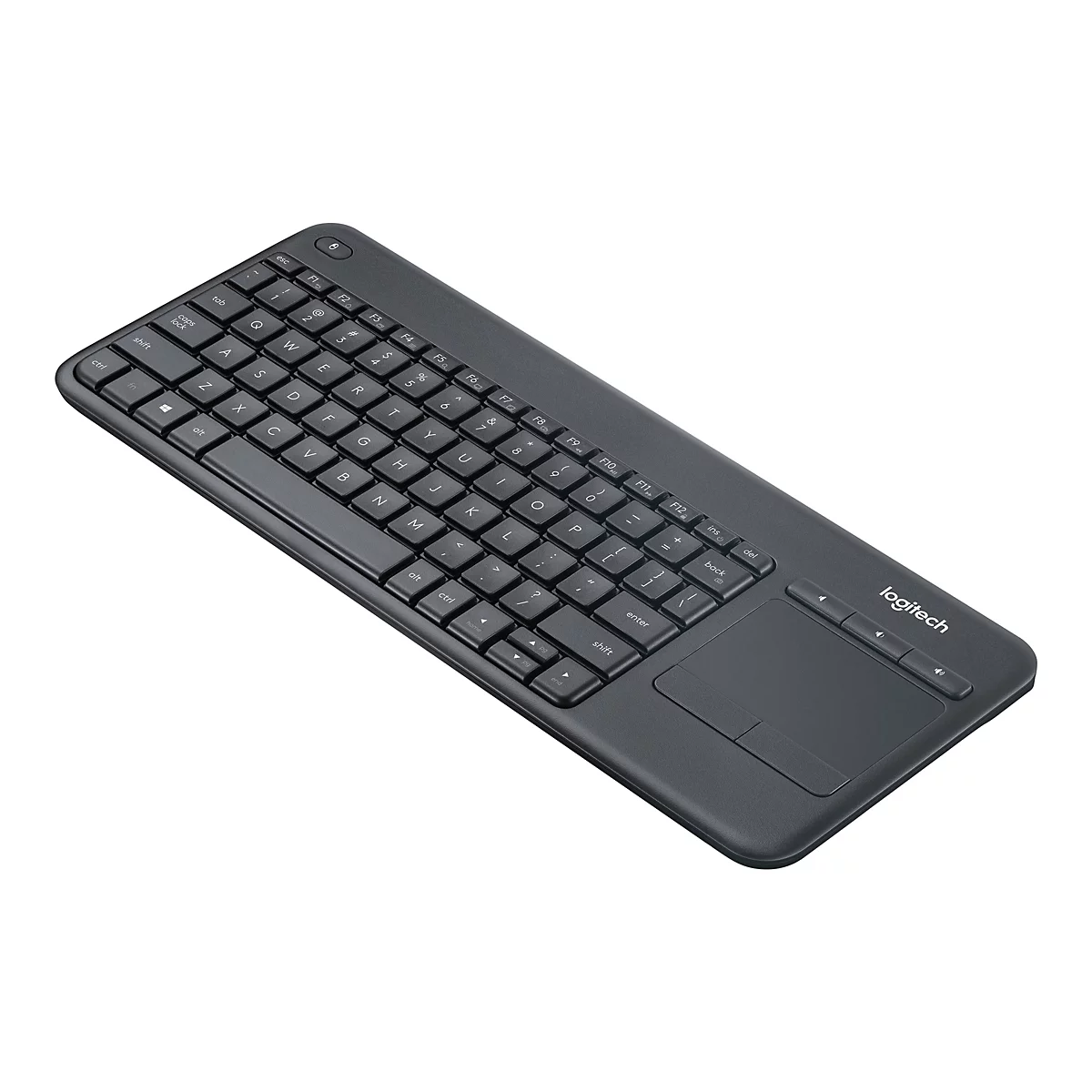 Schwarze kabellose Logitech-Tastatur mit integriertem Touchpad auf der rechten Seite, schräg von oben.