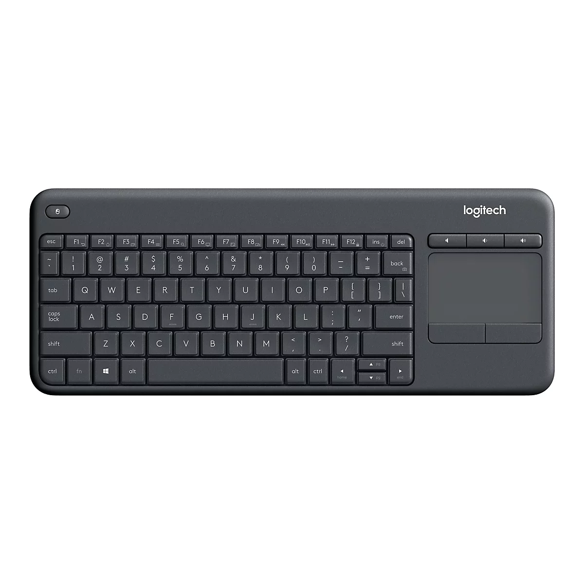 Schwarze kabellose Logitech-Tastatur mit integriertem Touchpad auf der rechten Seite vor weißem Hintergrund.