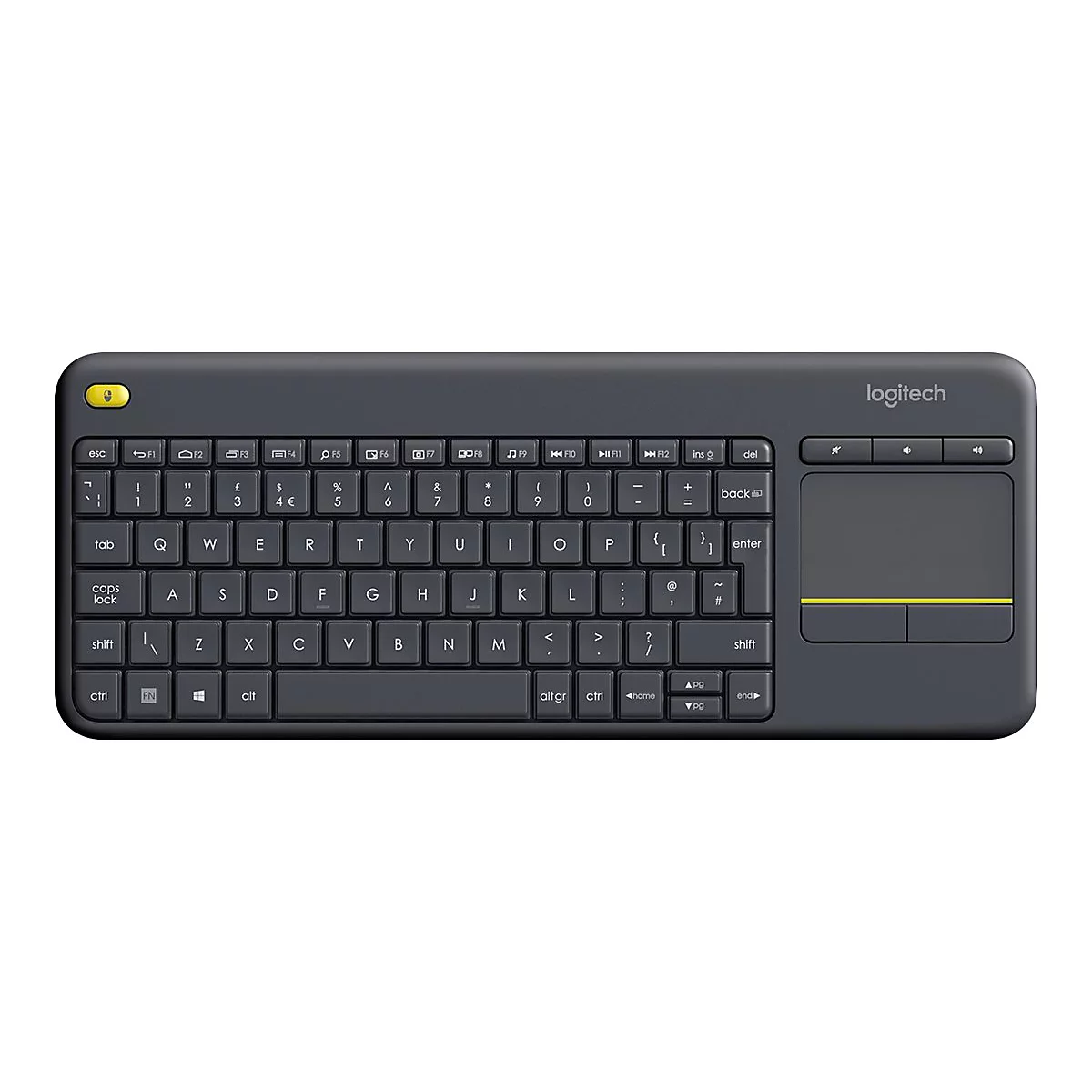 Schwarze kabellose Logitech Tastatur mit integriertem Touchpad und gelber Maustaste oben links.