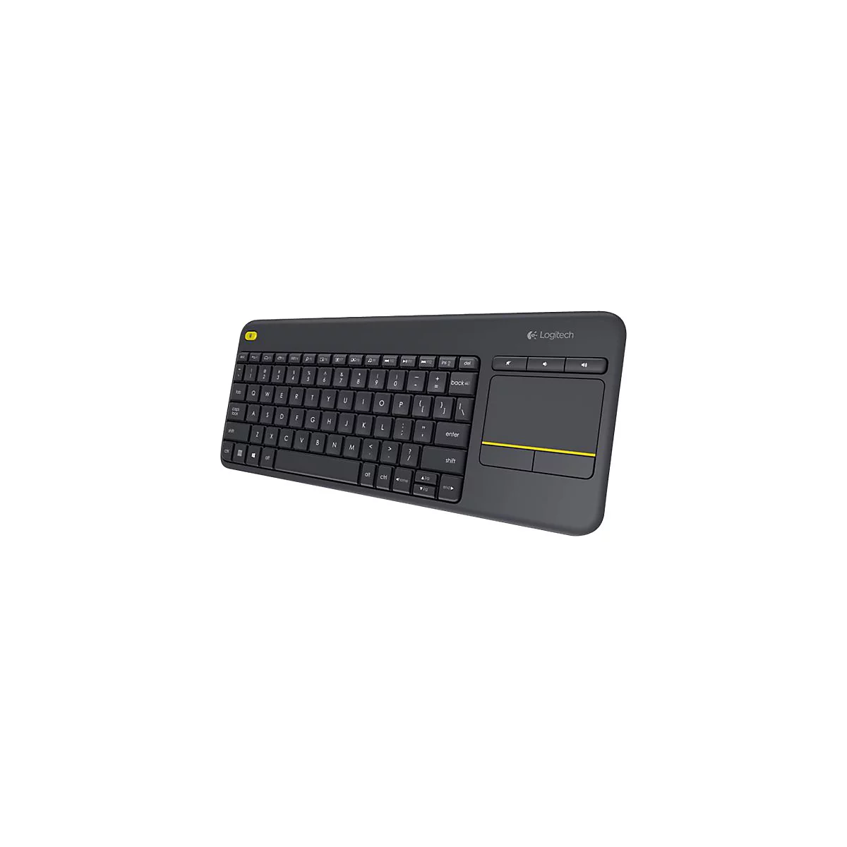 Schwarze Logitech-Tastatur mit integriertem Touchpad und gelbem Akzent unter den Maustasten auf weißem Hintergrund.