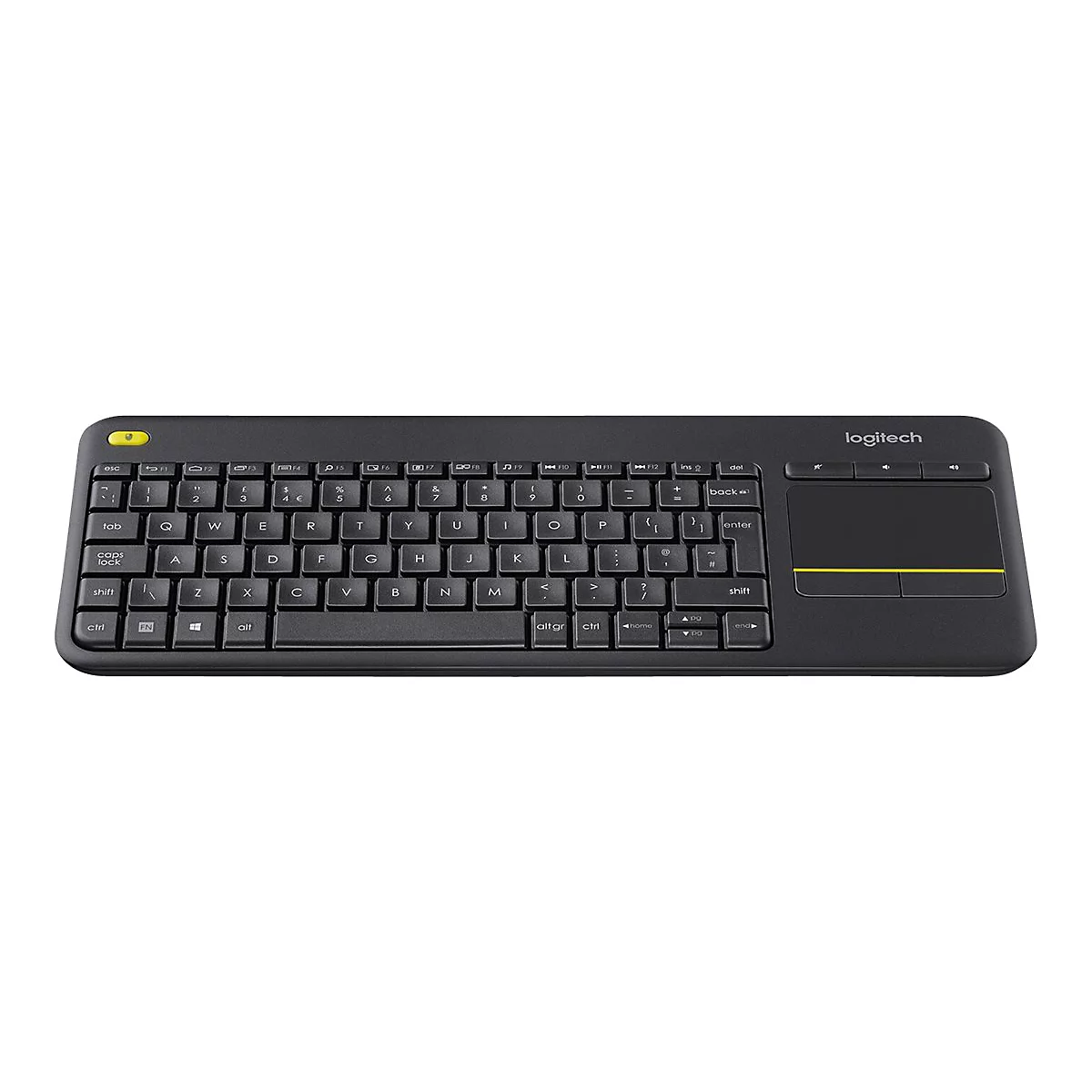 Schwarze kabellose Logitech-Tastatur mit integriertem Touchpad und gelber Akzenttaste oben links.