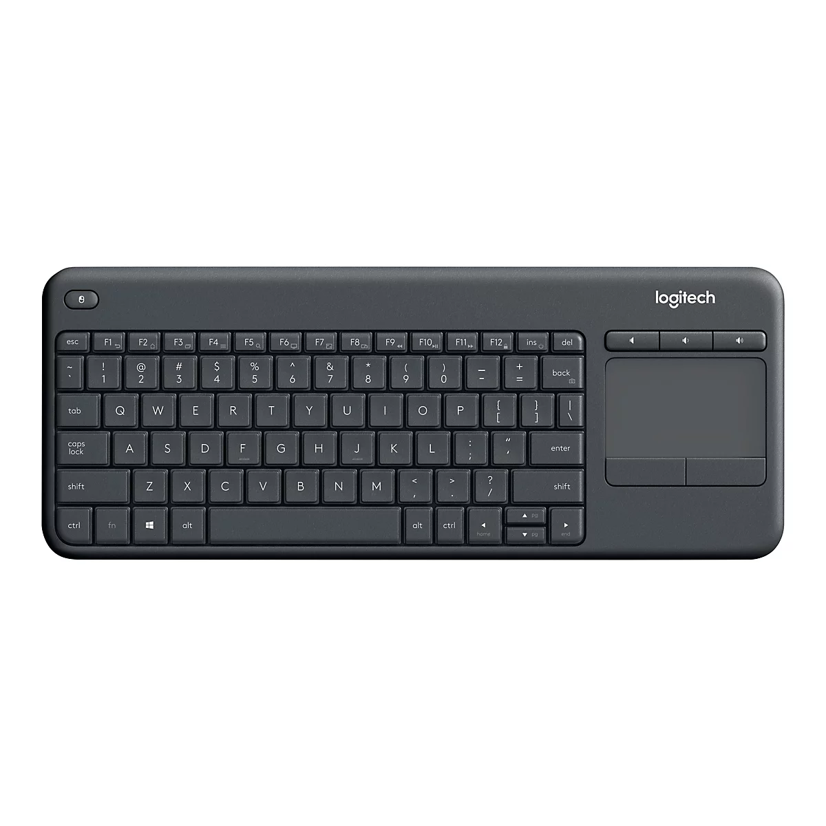 Schwarze kabellose Logitech-Tastatur mit integriertem Touchpad rechts auf weißem Hintergrund.