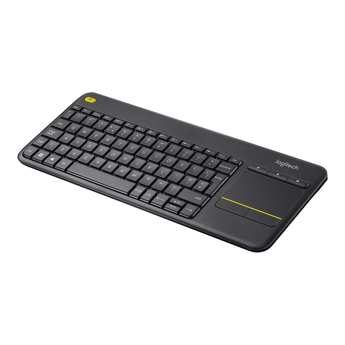 Drahtlose schwarze Logitech-Tastatur mit Touchpad, gelben Akzenten und weißen Tasten vor weißem Hintergrund.