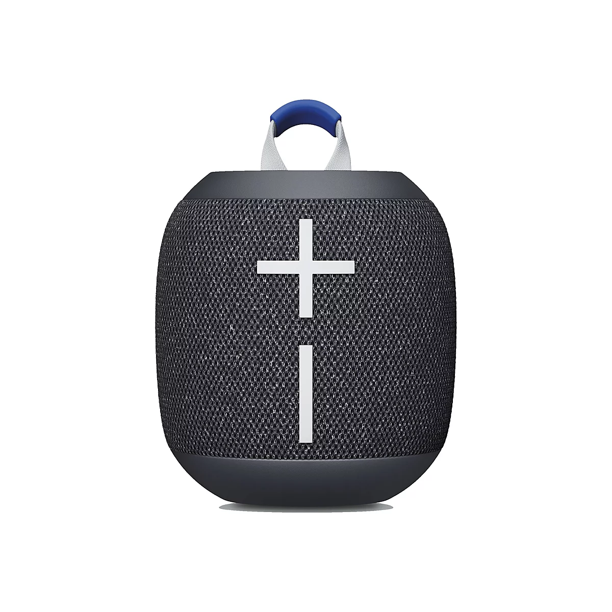 Haut-parleur sombre, croix et ligne blanches. Avec une poignée bleue. Sur fond blanc.