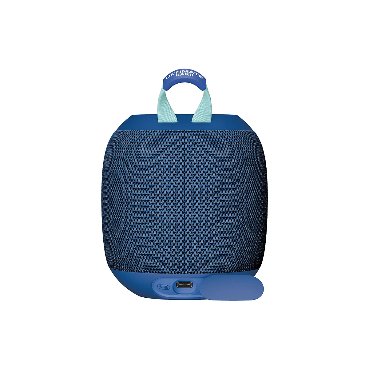 Blauer, oval geformter Lautsprecher mit Mesh-Gewebe. Oben ein blauer Griff mit der Aufschrift "ULTIMATE EARS".