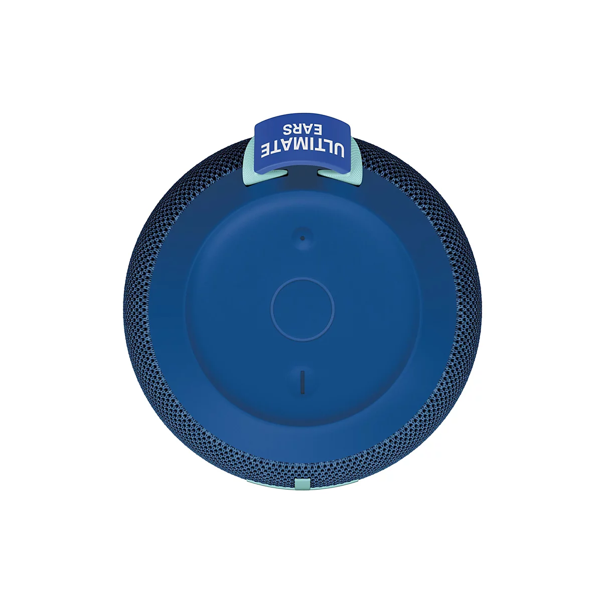 Blauer Lautsprecher, im Detail aus der Vogelperspektive. Oben steht der Schriftzug "ULTIMATE EARS".