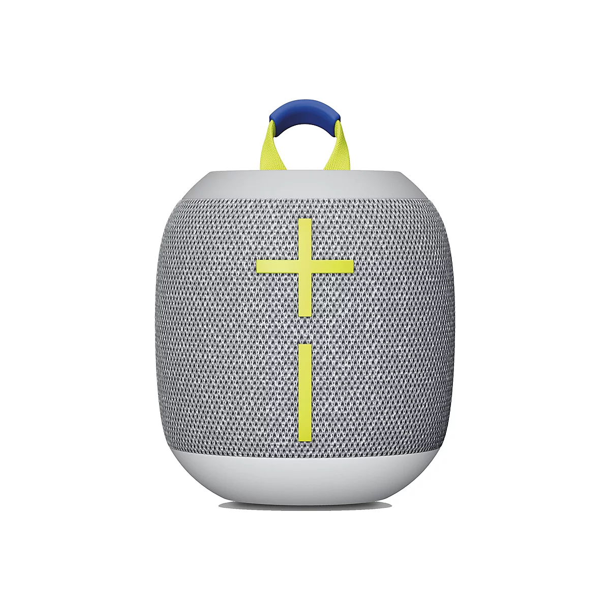 Haut-parleur Bluetooth gris ovale avec croix jaune et poignée bleue.