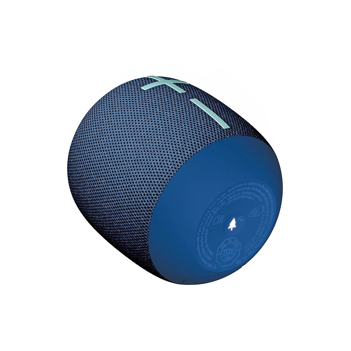 Haut-parleur cylindrique bleu. Des formes de croix vert clair sont visibles sur le dessus. Des logos et des lettrages sont en bas.