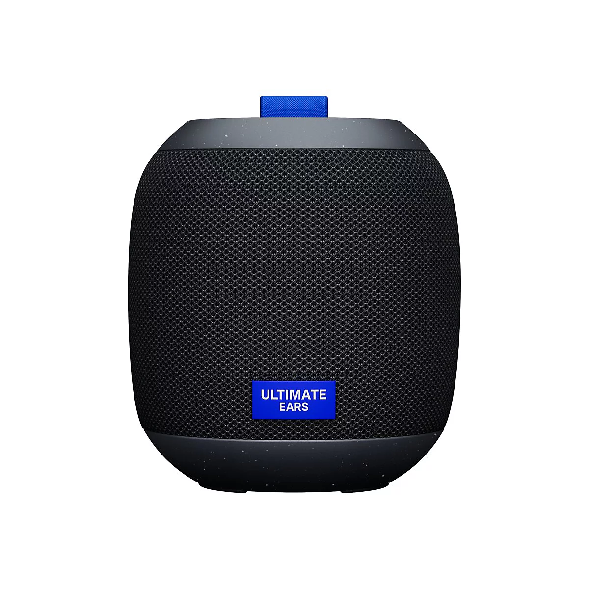 Enceinte Bluetooth noire, ovale, avec des touches de bleu et l'inscription "ULTIMATE EARS".