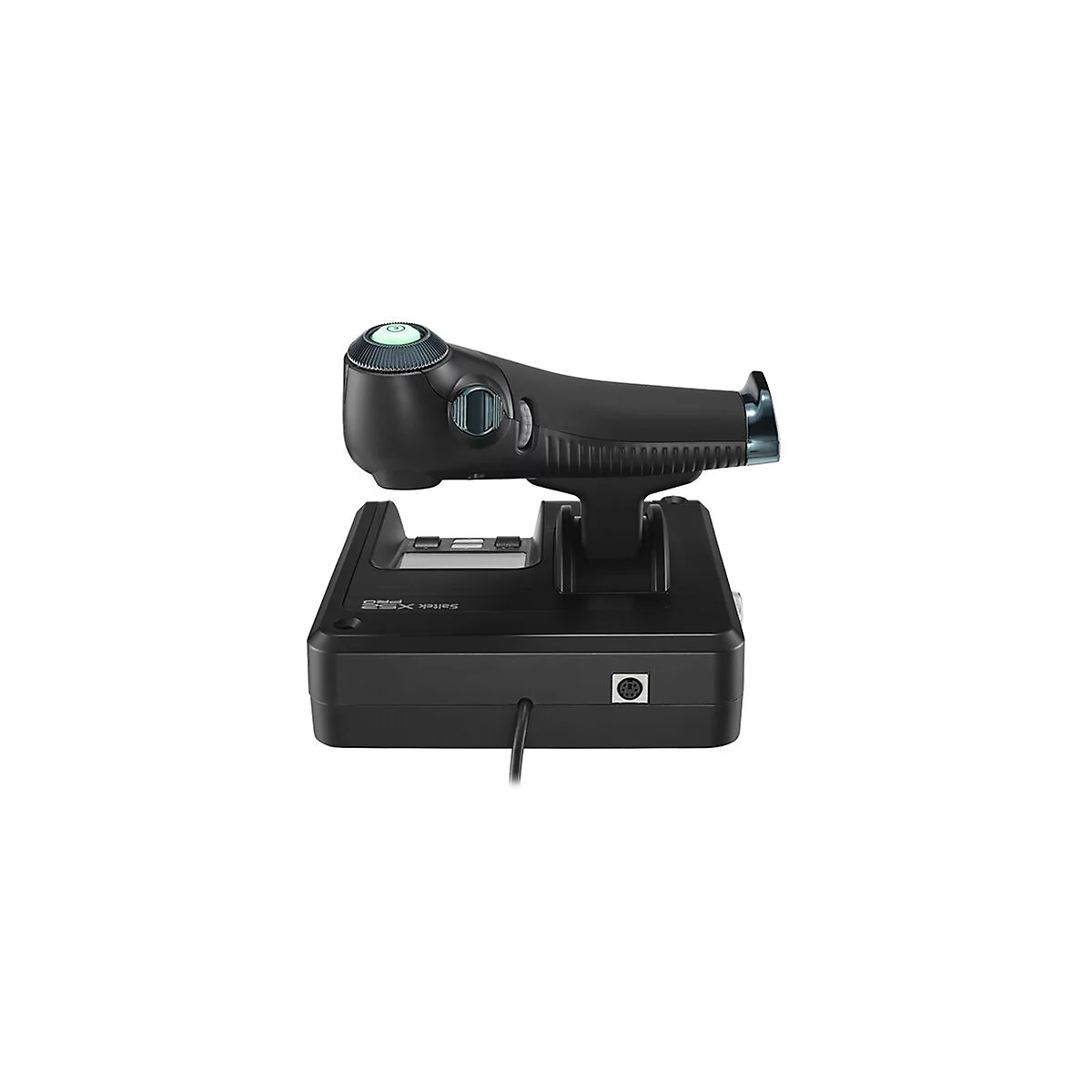 Schwarzes PC-Gaming-Joystick-Gerät, auf einer schwarzen Basis. Oben ist ein grüner Knopf, darunter ein kleinerer Knopf.