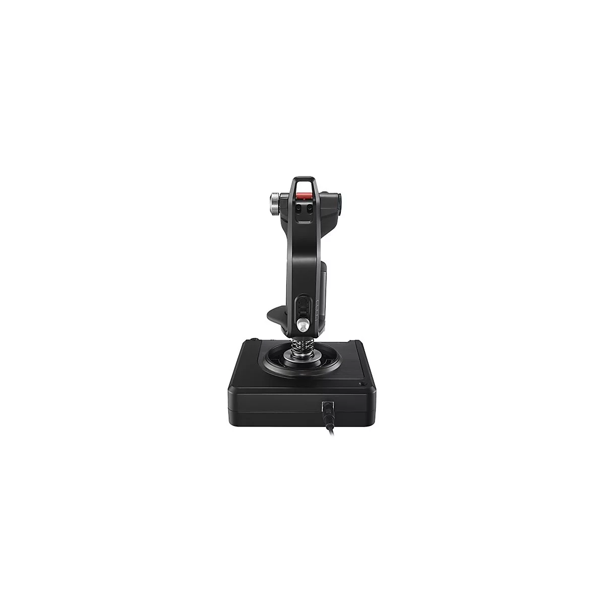 Schwarzer Joystick, mit roten und silbernen Akzenten, vor weißem Hintergrund.