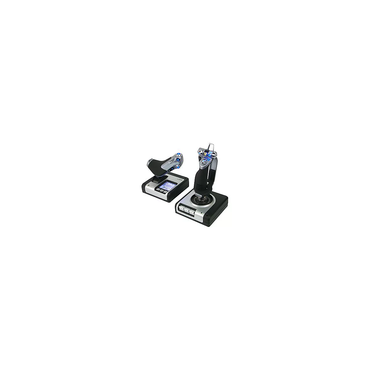 Zwei moderne Joysticks mit schwarzen Griffen, silbernen Akzenten und blauen Lichtern. Ein Joystick hat ein Display.