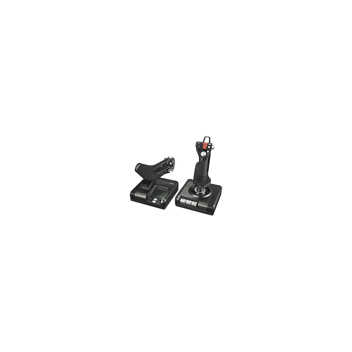 Zwei schwarze Joysticks auf grauen Sockeln. Einer hat einen Handgriff, der andere ist gebogen.