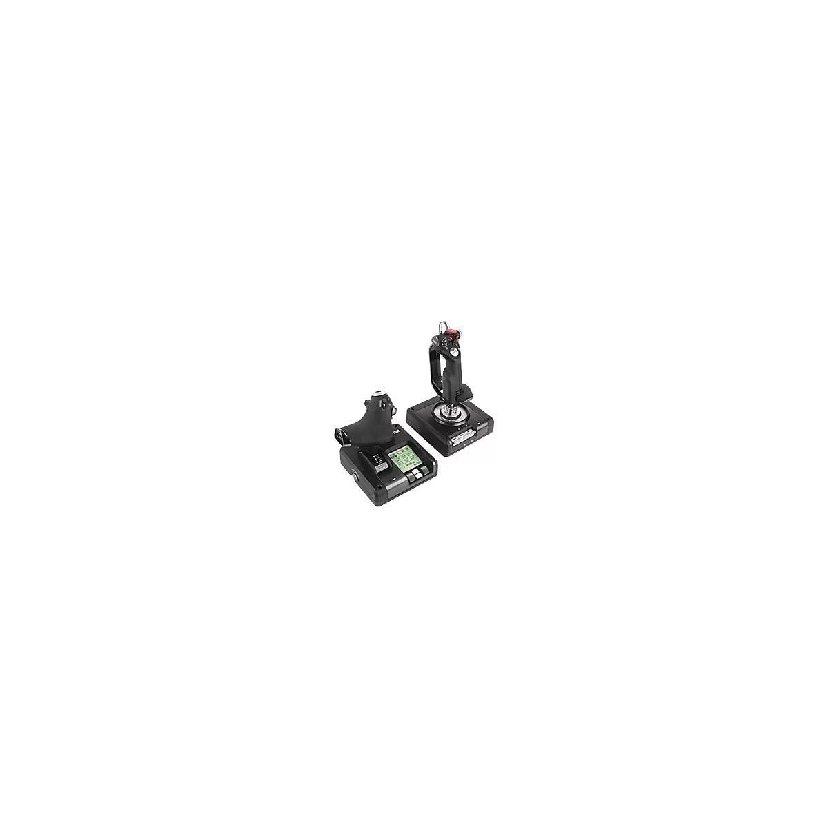 Zwei schwarze Joysticks. Einer mit Display und Knöpfen, der andere mit Handgriff und rotem Knopf.