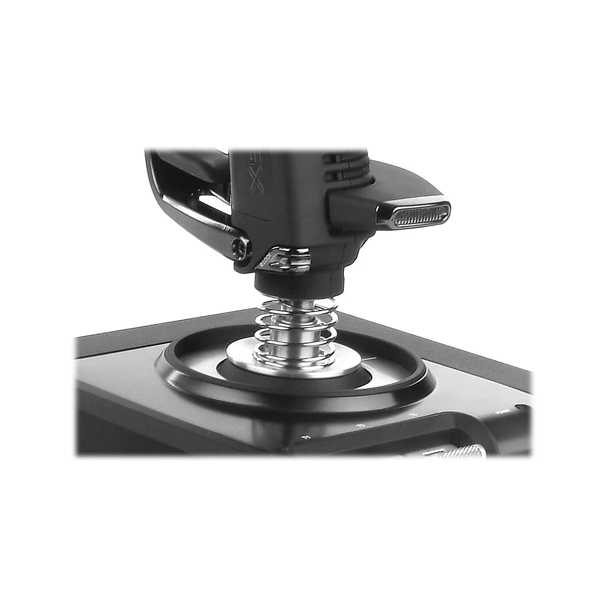 Detailaufnahme eines schwarzen Joysticks mit Metallfederung, USB-C-Anschluss und silbernen Akzenten.