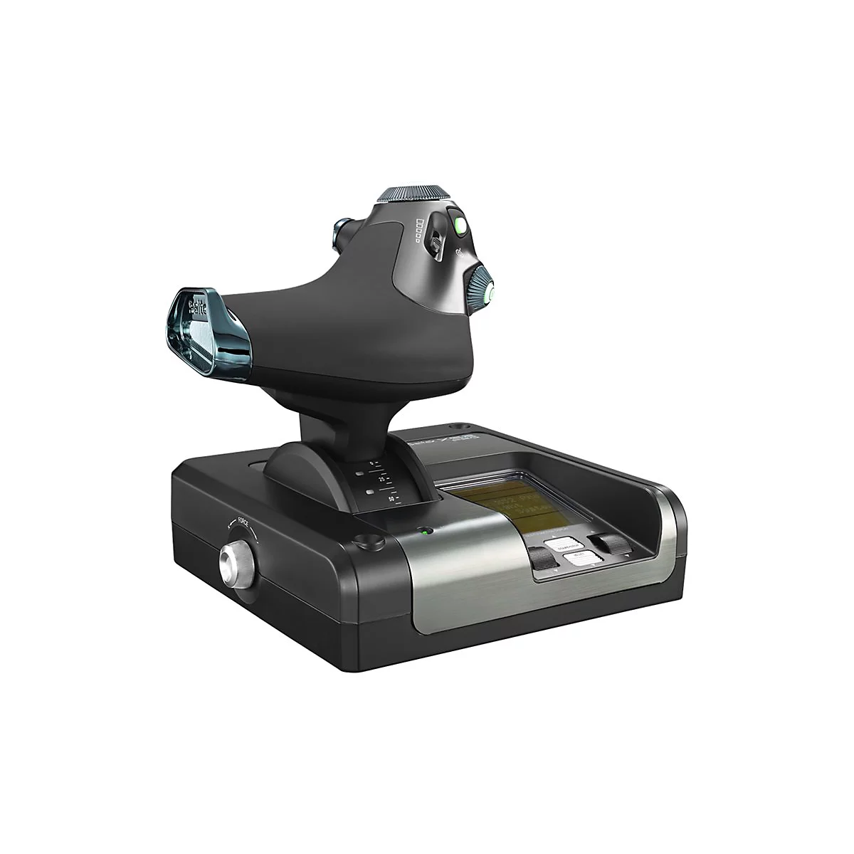 Schwarzer und grauer Joystick mit mehreren KnÃ¶pfen und einem Display an der Basis.