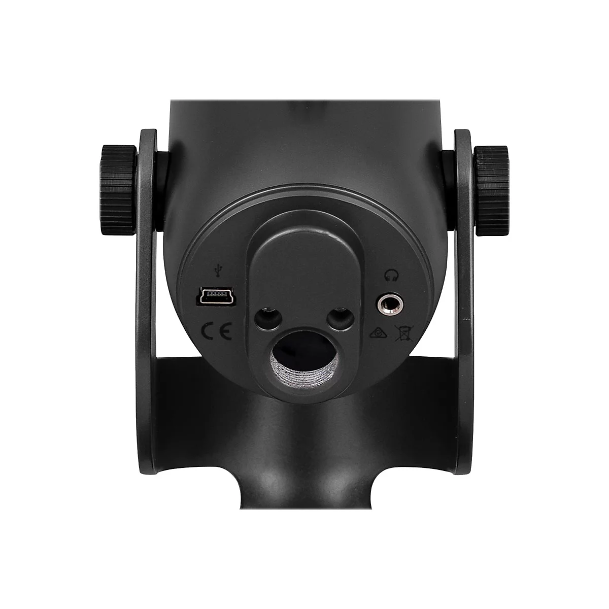 Nahaufnahme eines schwarzen Mikrofons. Rückseite mit Anschlüssen, USB und Klinke.