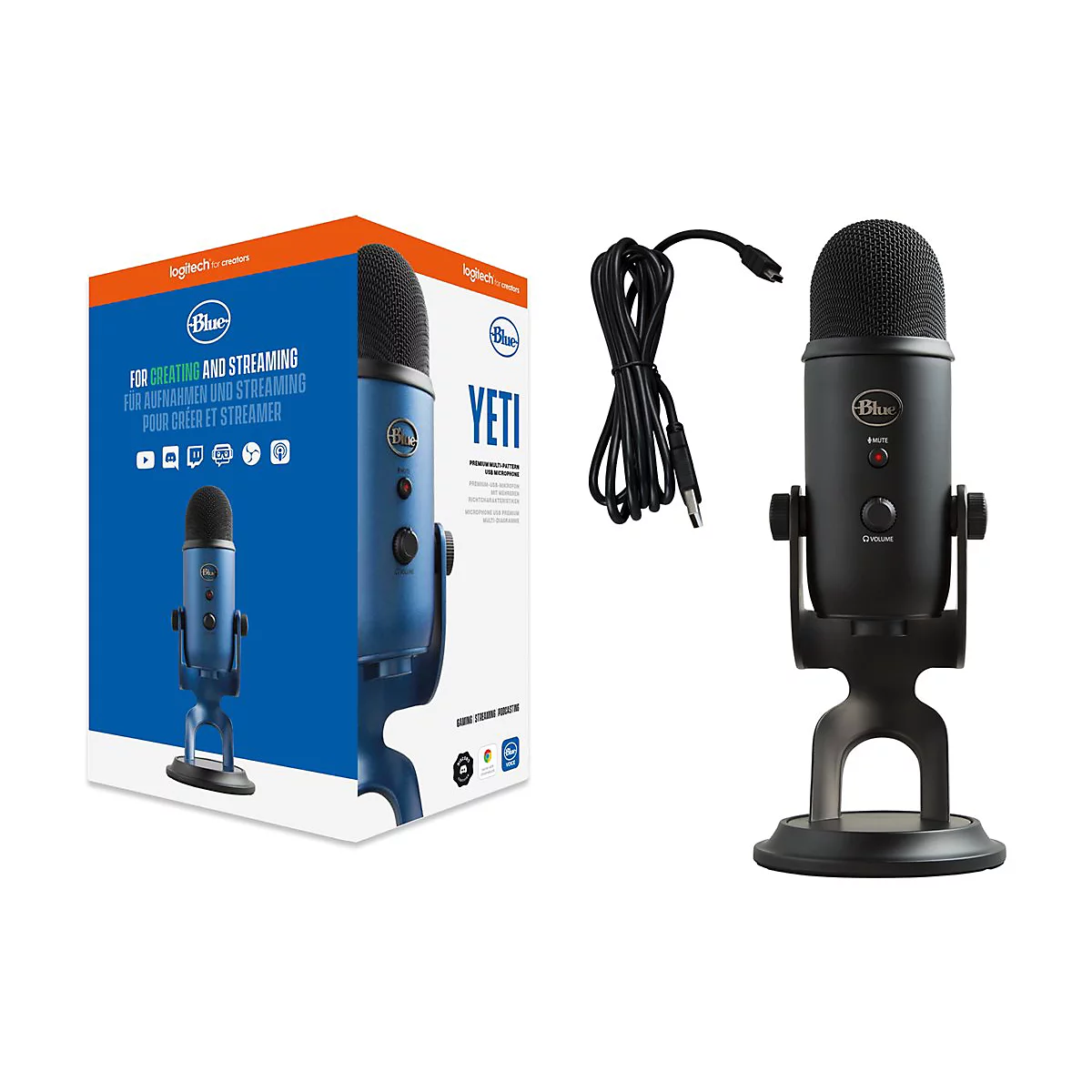 Ein blaues USB-Mikrofon der Marke Blue Yeti mit Zubehör. Auf der Verpackung steht "Für Aufnahmen und Streaming".
