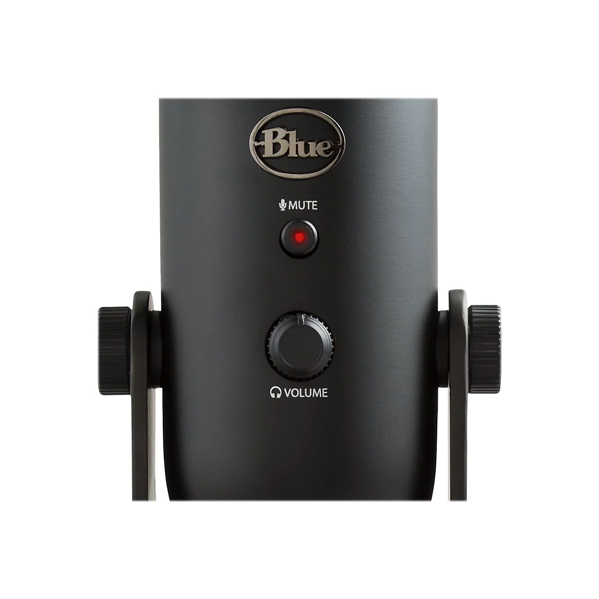 Nahaufnahme eines schwarzen USB-Mikrofons mit „Blue“-Logo, Mute-Taste, roter Leuchte und Lautstärkeregler.