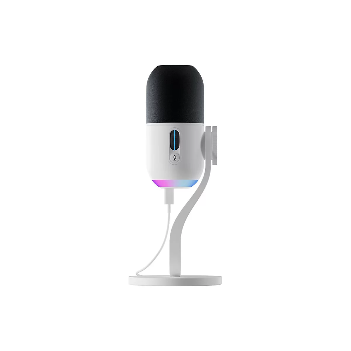 Un microphone blanc avec une tête noire, des LED colorées et un support blanc, sur fond blanc.