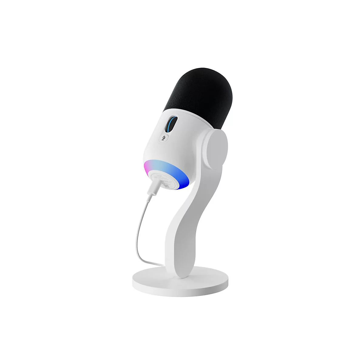 Microphone blanc avec une tête de microphone noire sur un support blanc, avec éclairage coloré.