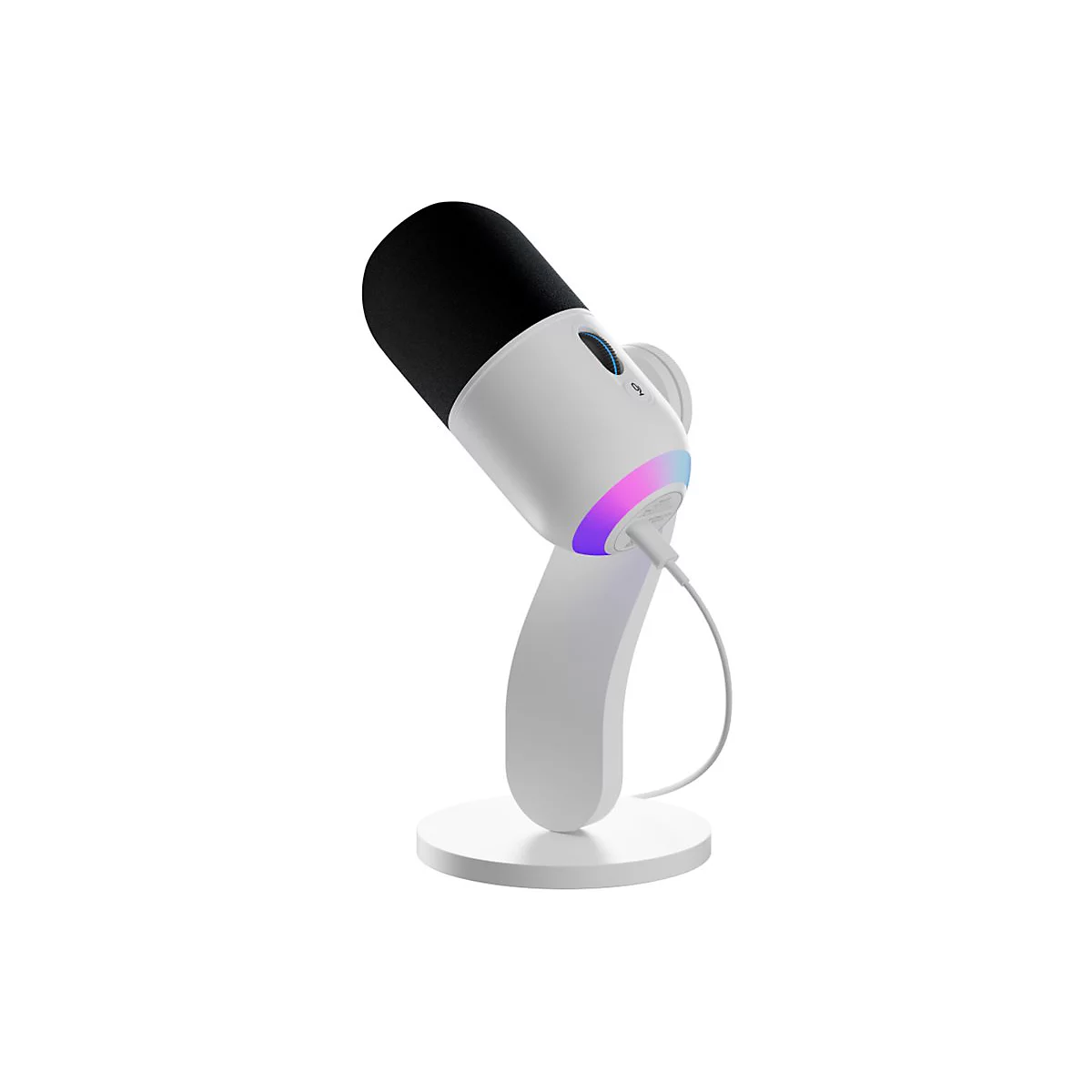 Microphone blanc avec tête noire, posé sur un support blanc. Le support et le microphone sont reliés par un câble blanc.