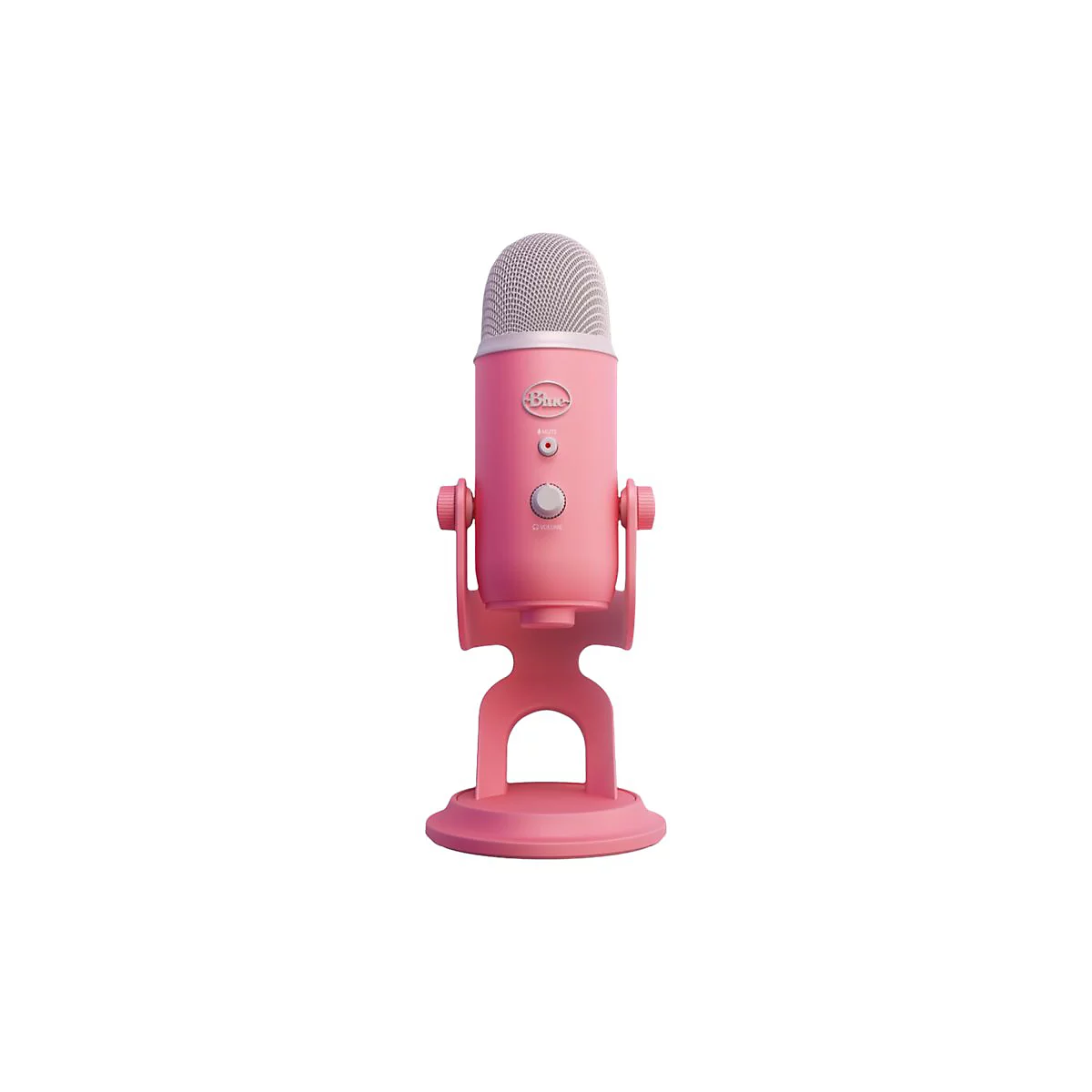 Rosa Mikrofon Blue Yeti, stehend auf einem Ständer. Auf der Vorderseite sind die Marke und Bedienelemente zu sehen.