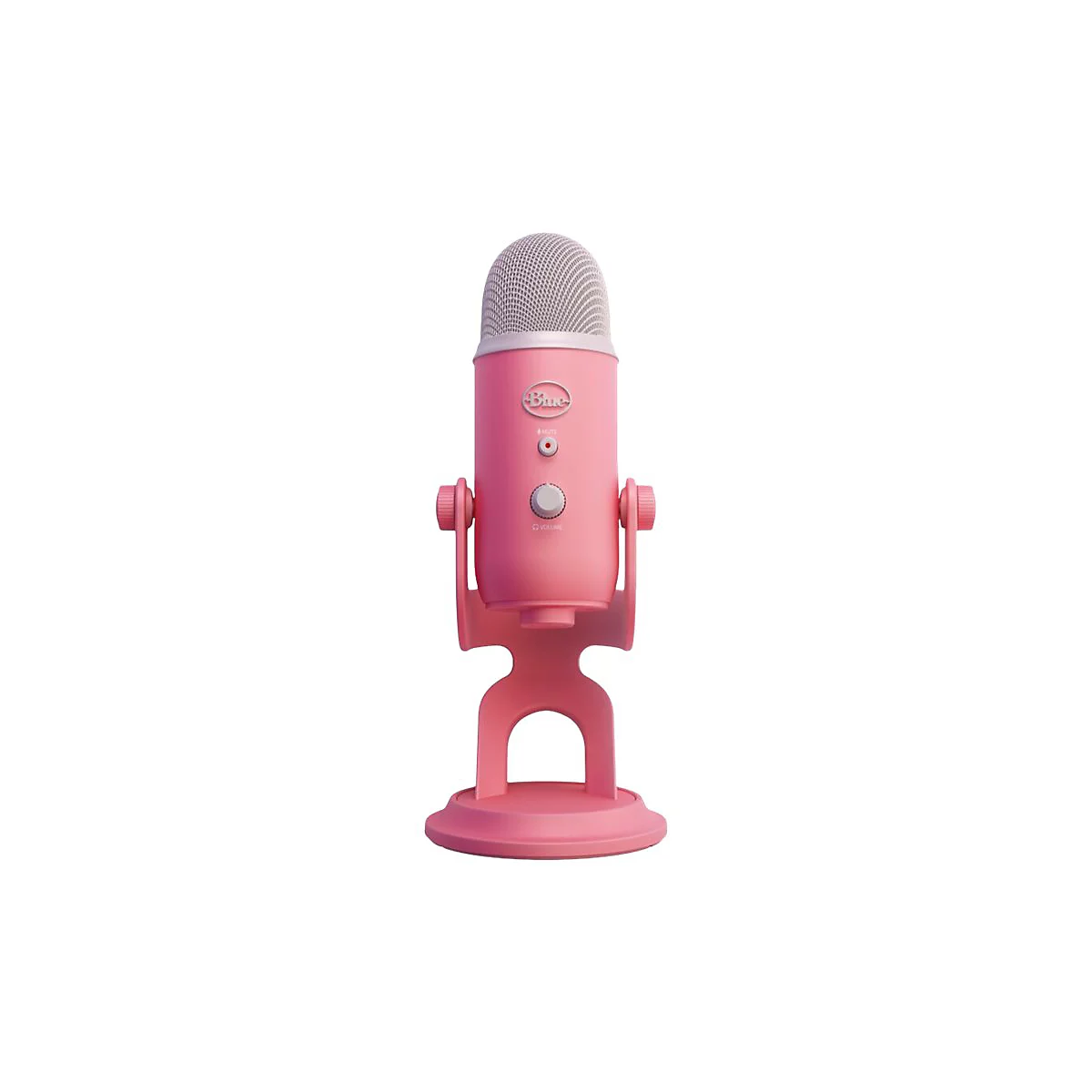 Rosa Mikrofon auf Ständer, mit Logo "Blue".
