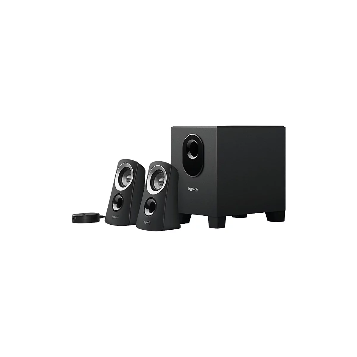 Schwarzes Logitech-Lautsprecherset, bestehend aus zwei Satelliten, einem Subwoofer und einer Steuerung.